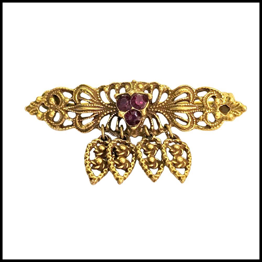 Vintage Gold‎ Tone Brooch Pin with Purple Rhinestones and Dangle Charms